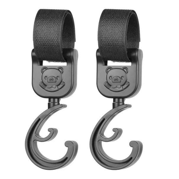 2er Set C-förmige Kinderwagenhaken 15 cm Universelle drehbare Taschenhalter Klettverschluss schwarz