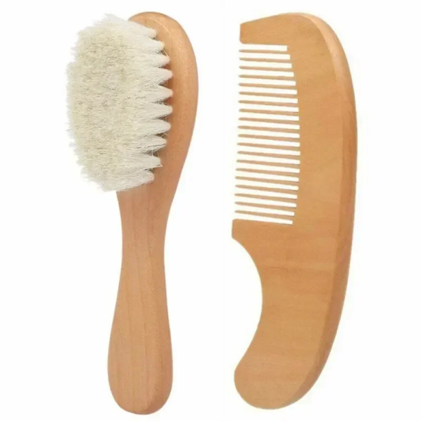 2er Set Neugeborenen Wollbürste und Kamm aus Naturholz Baby Haarpflege Sanftes Kämmen Baby Säuglingshygiene 1