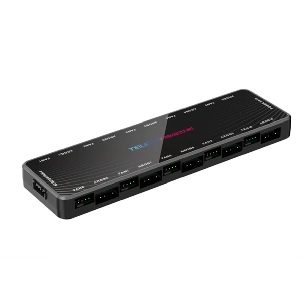 2i1 PWM- och ARGB-hub 10x 5V 3pin och 10x 12V 4pin SATA-strömförsörjning 3/4pin-ingång magnetisk bas 16,4x4,8x1,5 cm svart
