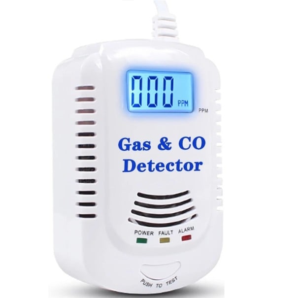 2v1 Detetor de monóxido de carbono CO e gases inflamáveis Metano Propano Gás natural Visor LED Alarme sonoro Alimentação 220 V Dispositivo 1
