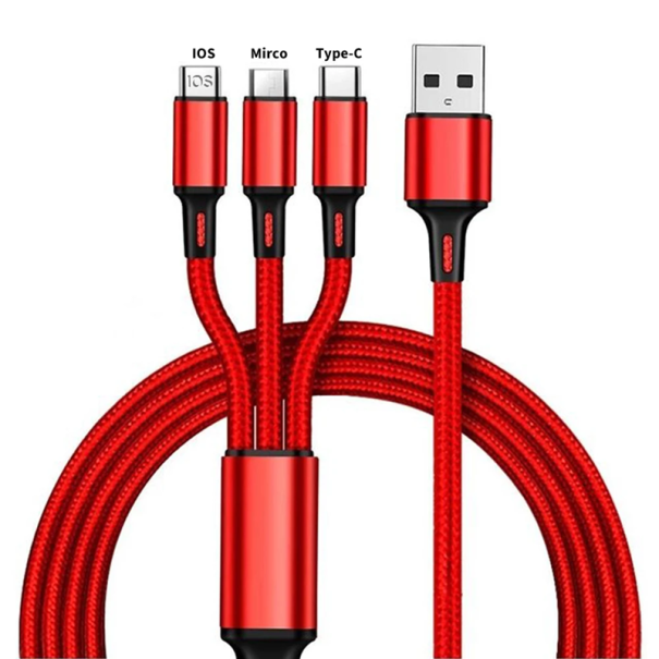3-i-1 hurtigopladningskabel USB-C + micro USB + Lightning 1,2 m 3A USB-A telefonkabel hurtigopladning rød