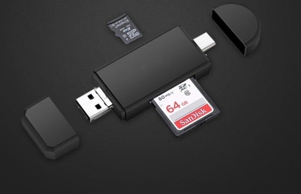 3 i 1 kortlæser til telefon og computer USB-A, USB-C og Micro USB stik til SD- og Micro SD-kort USB 2.0 interface Sort 1