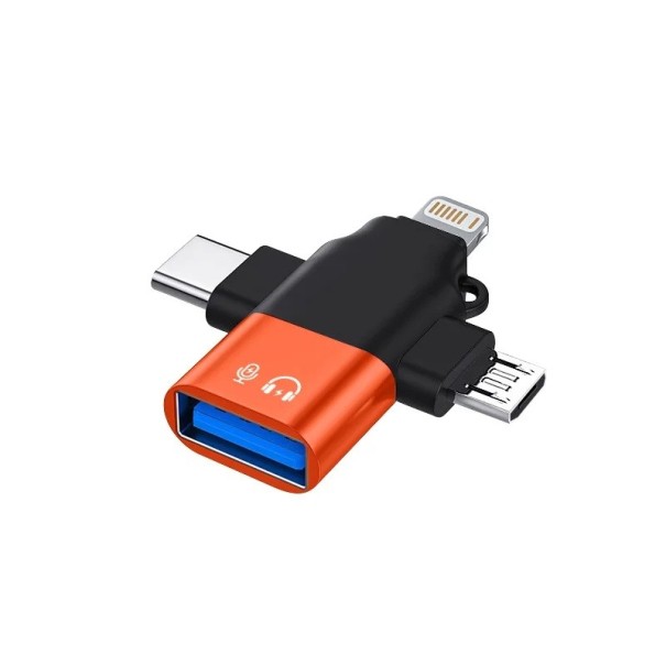 3-i-1 USB OTG-adapter USB 3.0 till Micro USB, USB-C och Lightning-konverterare för telefon, dator, tangentbord, mus och USB-minne orange