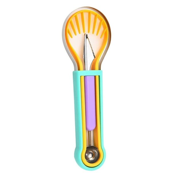 3-in-1 Fruit Ball Maker Set Melon Baller Pulp Remover with Mini Knife Kitchen Set for Fruit and Vegetables Multifunctional Tool blue