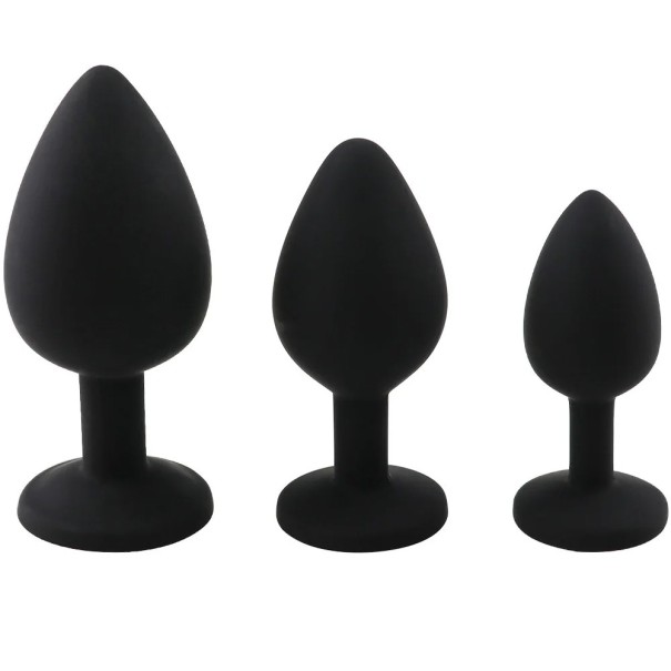 3-in-1-Set Buttplugs aus Silikon mit abnehmbarem Stein, Größe SML, diskrete Verpackung schwarz