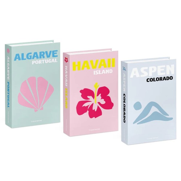 3 ks Dekorační falešné knihy Travel Series Algarve Portugal Hawaii Island Aspen Colorado neotevíratelná imitace knih barevná dekorace 1