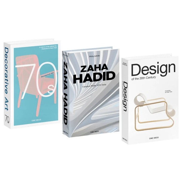 3 ks dekoračných falešných kníh Decorative Art Zaha Hadid Design neotevíratelné imitácie kníh biela modrá dekorácia do interiéru 1