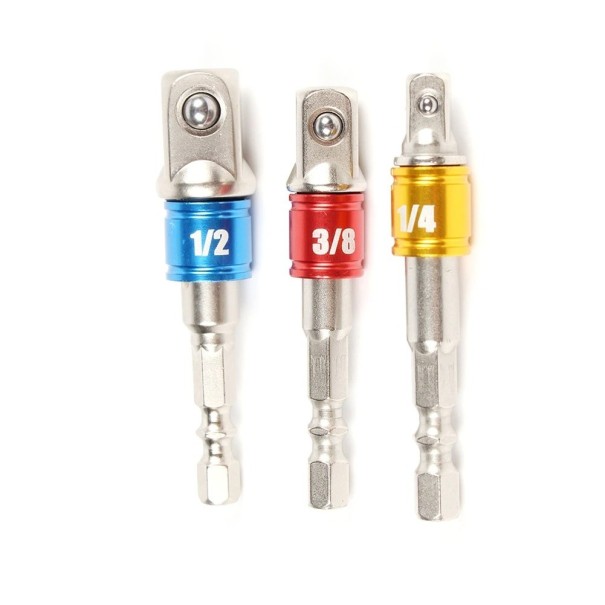 3 pcs adaptadores para berbequim HEX 1/4, 3/8, 1/2 prateado