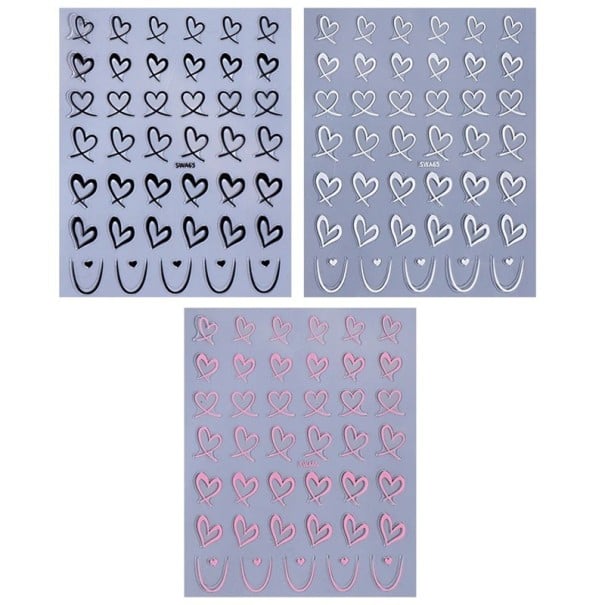 3 stk. Valentinsklistermærker til negle 3D sorte hvide lyserøde hjerter linjer kærlighed Nail Art DIY selvklæbende slider dekoration manicure klistermærker 1