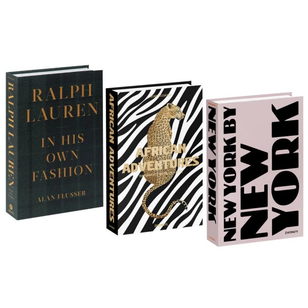 3 szt. dekoracyjnych fałszywych książek AFRICAN ADVENTURES NEW YORK nieotwieralne imitacje książek czarna różowa dekoracja do wnętrza na bibliotekę półkę 1