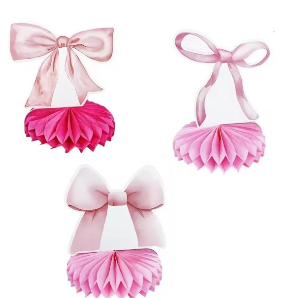 3 szt. Papierowe zawieszane dekoracje imprezowe Honeycomb wachlarz z kokardą 16–19 cm Różowa zawieszana dekoracja na urodziny baby shower dziecięca impreza 1