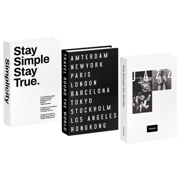 3 τεμάχια διακοσμητικών ψεύτικων βιβλίων Stay Simple Travel Round The World Jazz μη ανοιγόμενες απομιμήσεις βιβλίων μαύρες λευκές διακοσμήσεις για το εσωτερικό 1