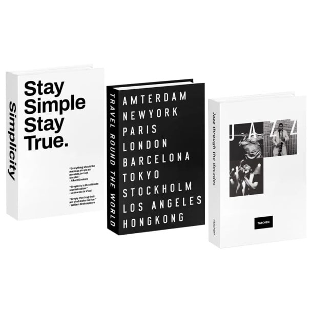 3 τεμάχια διακοσμητικών ψεύτικων βιβλίων Stay Simple Travel Round The World Jazz μη ανοιγόμενες απομιμήσεις βιβλίων μαύρες λευκές διακοσμήσεις 1