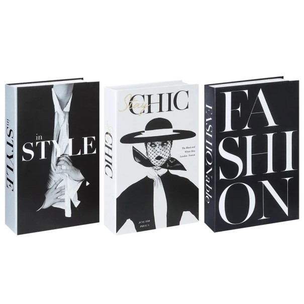 3 τμχ Διακοσμητικά ψεύτικα βιβλία In Style Stay Chic Fashion μη ανοιγόμενη απομίμηση βιβλίων μαύρο άσπρο διακόσμηση για το εσωτερικό βιβλιοθήκη ράφι 1
