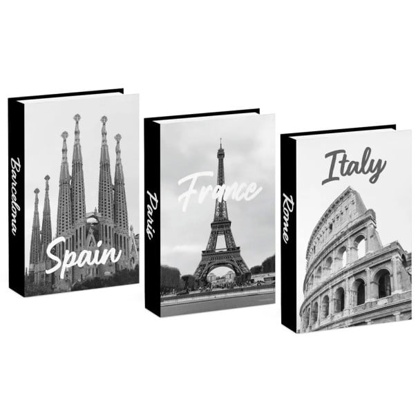 3 unidades de libros decorativos falsos Italia Francia España imitación de libros no abribles decoración en blanco y negro para interiores estantería 1