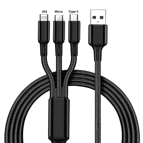 3 v 1 rýchlonabíjací kábel USB-C + micro USB + Lightning 1,2 m 3A USB-A telefónny kábel rýchle nabíjanie čierna