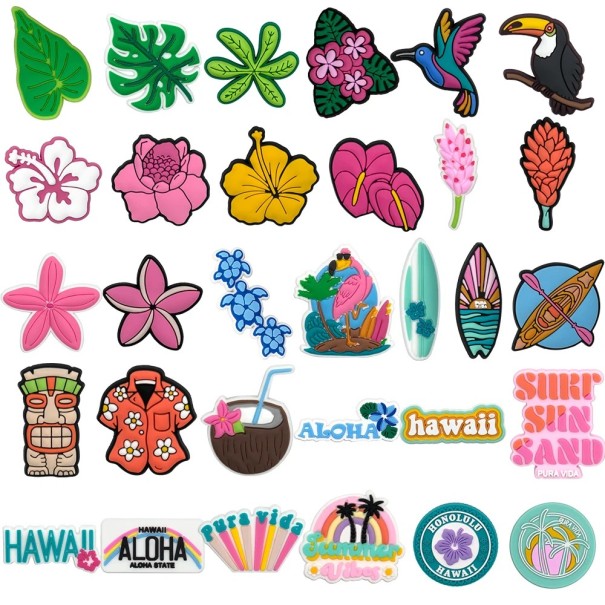 30 buc Seta de decorațiuni pentru crocsy motive tropicale PVC decoruri colorate pentru încălțăminte crocs flori frunze și motive ușor de montat 1
