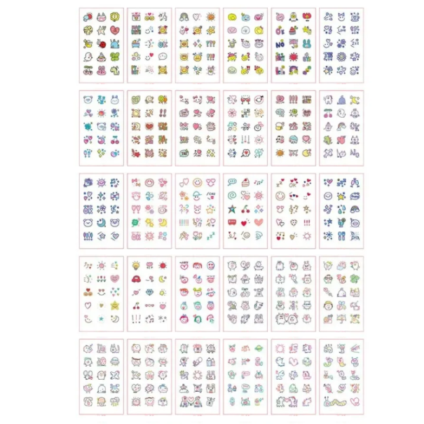 30 darabos ideiglenes tetoválás készlet 5,7 x 9,7 cm Színes mini motívumok mosolygós arcokkal, szimbólumokkal, állatokkal és aranyos ikonokkal 1