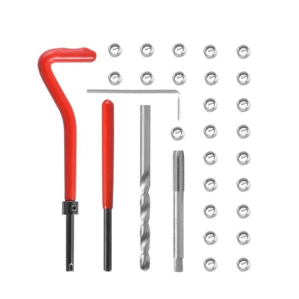 30 ks sada vložek pro opravu metrických závitů M5x0,8 s vrtákem a závitníkem kovová stříbrná červená pro opravy závitů 1