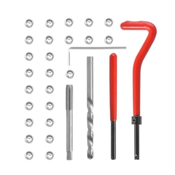 30 ks sada vložek pro opravu metrických závitů M6x1,0 s vrtákem a závitníkem kovová stříbrná červená pro opravy závitů 1