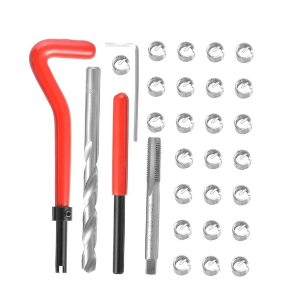 30 Stück Satz Einsätze zur Reparatur von metrischen Gewinden M8x1,25 mit Bohrer und Gewindeschneider metallisch silber rot zur Gewinde-Reparatur