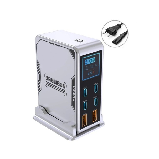 300W GaN nabíjacia stanica 8,3 x 5,9 x 10,7 cm 6 portov USB-C PD 100W PPS Digitálny displej Stolná rýchlonabíjačka Ubigbuy pre MacBook iPhone Samsung EU 1