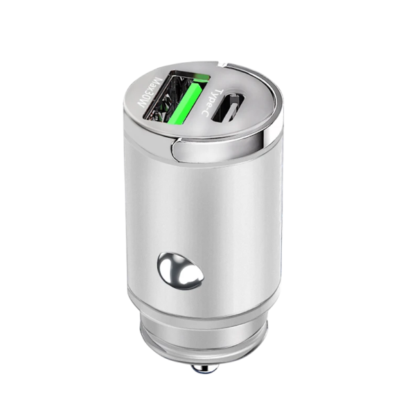 30W mini rychlonabíječka do auta USB C a USB A slot do zapalovače rychlé nabíjení duální výstup nabíjení dvou zařízení současně kompatibilní modely stříbrná