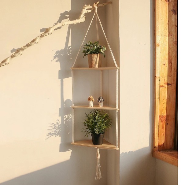 32 cm Corner Hanging Shelf Three-Tier Wooden Shelf on Rope 122 cm for Wall Without Decorations 1