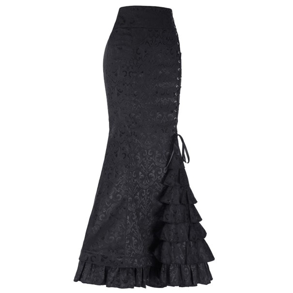 Dams lång vintagekjol i fiskform Snörning med metallöglor Lager av volanger Ornamentmönster i brokadmönster Polyester XL 3