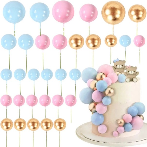 32er Set bunte Tortenbällchen Tortendekoration aus Kunststoff Kreatives Accessoire für festliche Geburtstagstortendekoration blau