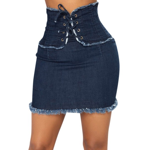 Dam jeans mini kjol med snörning Hög korsett midja Tight kroppsnära passform Fransade kanter Metallöglor Mörkblå Polyester L