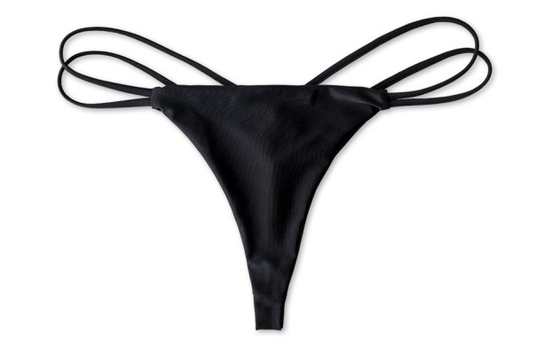 Damers erotiska stringtrosor med dubbla snören på sidorna Slät svart nylon Minimalistisk design med smal bakdel Förföriska underkläder XS