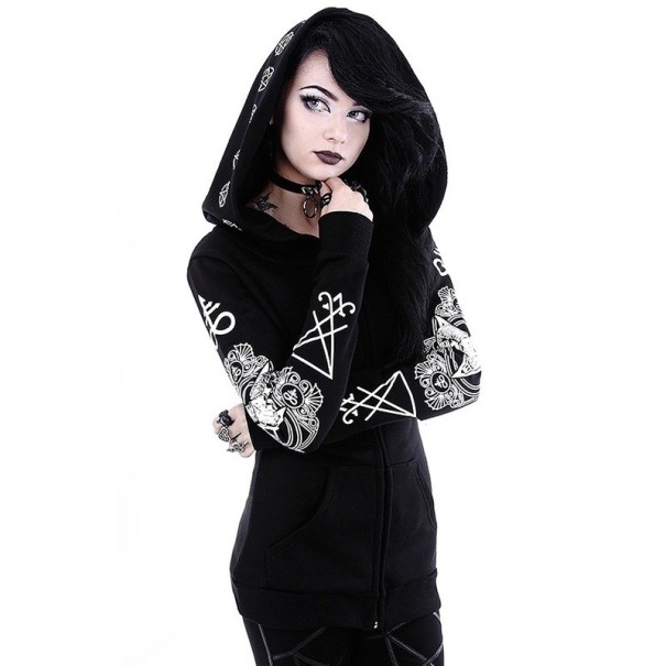 Damsk goth hoodie med dragkedja Svart med vit ockult tryck Skalle med horn och pentagram Framsidans fickor Polyester och bomull XXL