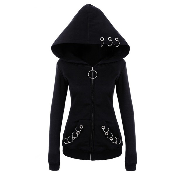 Damgotisk hoodie med stor huva och dragkedja Svart Metallringar på huvan och fickorna Cirkulärt dragband på dragkedjan Åtsittande passform XS
