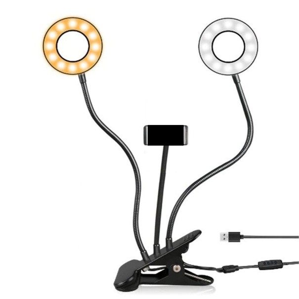 Dubbelt cirkulärt LED-ljus med mobilhållare och klämma för fotografering och inspelning Flexibla armar 3 färglägen Justerbar ljusstyrka Diameter 9 cm 1