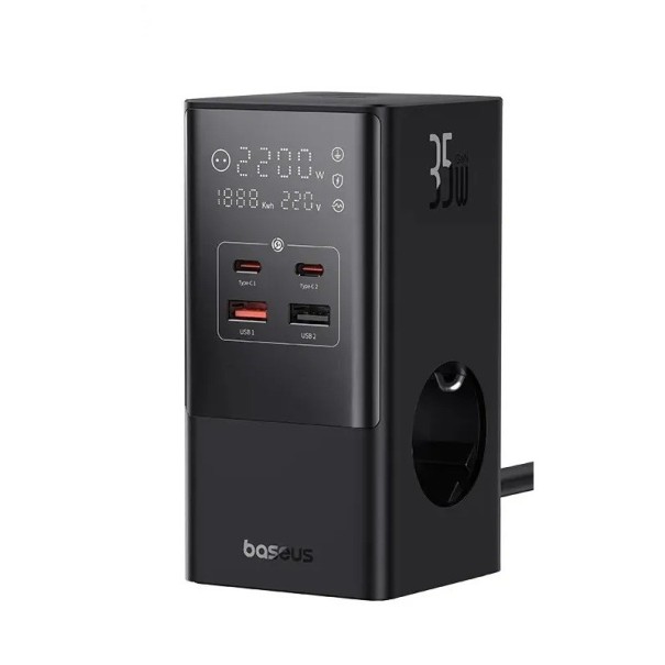 35W skrivbordsladdningsstation 66 x 129 mm 7i1 med överspänningsskydd 1200 J digital display 3x AC EU-kontakt 2x USB-C 2x USB-A Baseus 1