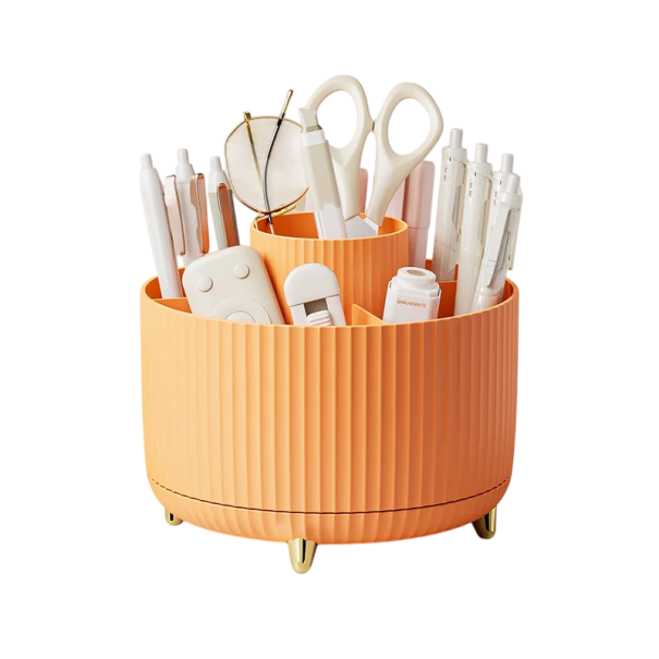 360° roterende kosmetikorganisator 14 x 14 x 12 cm plastikopbevaringsboks til makeupbørster, læbestifter, pen, badeværelsesholder, bærbar boks orange