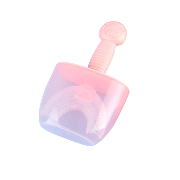 360° U-förmige Kinderzahnbürste mit Hülle, Teddybär, weiche Kinderzahnbürste, manuelle Silikonzahnbürste für Kinder von 6–12 Jahren, 12 x 6 cm rosa