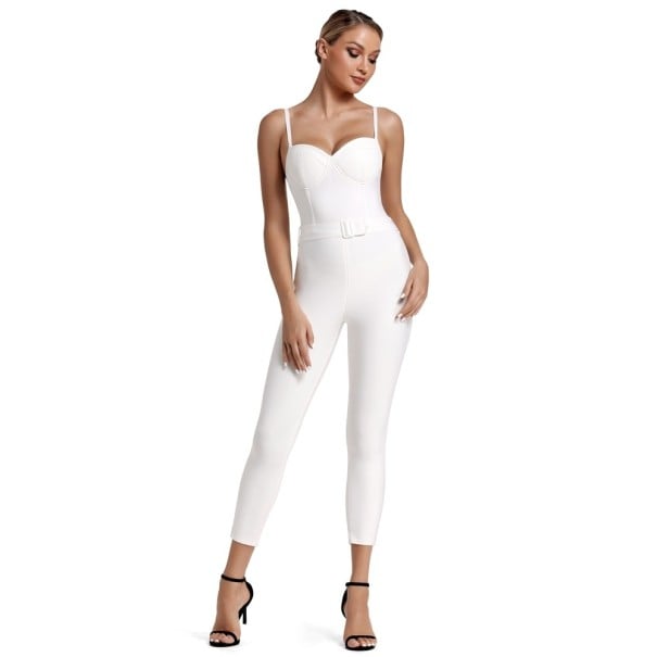 Tät jumpsuit för kvinnor med skärp, vit M