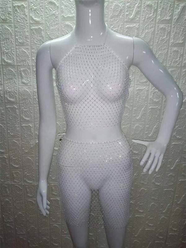 Top corto y falda de malla para mujer blanco