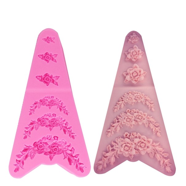 3D silikonform med rosor Tre separata blommor och tre blommiga girlander Lätt att ta ut Mått 13 x 6,5 cm Tålighet upp till 230 °C 1