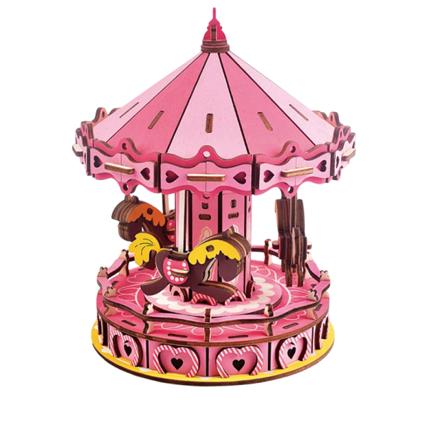 3D drevené puzzle Detský kolotoč ružový 14,5 x 14,5 x 17,8 cm 177 dielikov Laserom vyrezávaný model z dreva s tlačeným 3D návodom Dekorácia 1