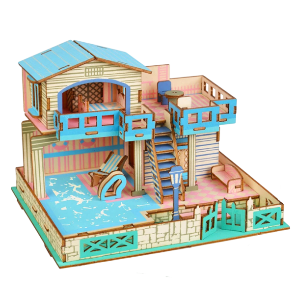 3D dřevěné puzzle Domek s bazénem 14,5 x 12 x 10,5 cm 96 dílků Laserem řezané model z přírodního dřeva Kreativní stavebnice DIY dekorace 1