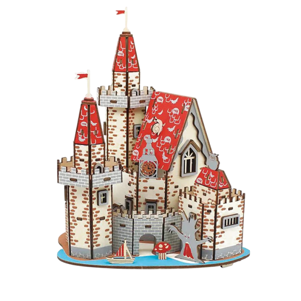 3D drevené puzzle Hrad 19,8 x 19,5 x 25,4 cm 192 dielikov Laserom vyrezávaný model z dreva s tlačeným 3D návodom Realistická stredoveká dekorácia 1