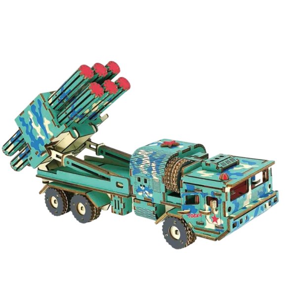 3D dřevěné puzzle maskáčové raketové vozidlo 27,4 x 8,7 x 9,8 cm 312 dílků Laserem vyřezávaný model ze dřeva s tištěným návodem 1