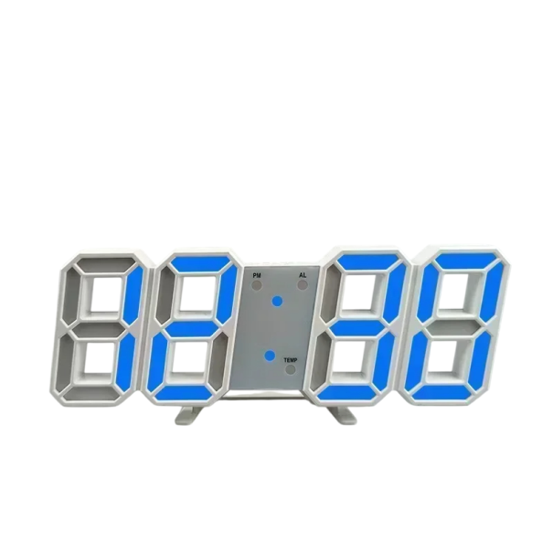 3D-LED-digitaalikello 16 cm Valkoinen kehys Värinäyttö Pöytä- ja seinäkalenteri 3 kirkkaustasoa Aikamuisti 12/24 h USB-virtalähde sininen