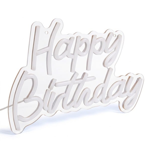 3D LED neonový nápis Happy Birthday 29 x 20,5 cm USB napájení 5 W Průhledná deska a vypínač na kabelu Bílé světlo Na oslavu narozenin 1