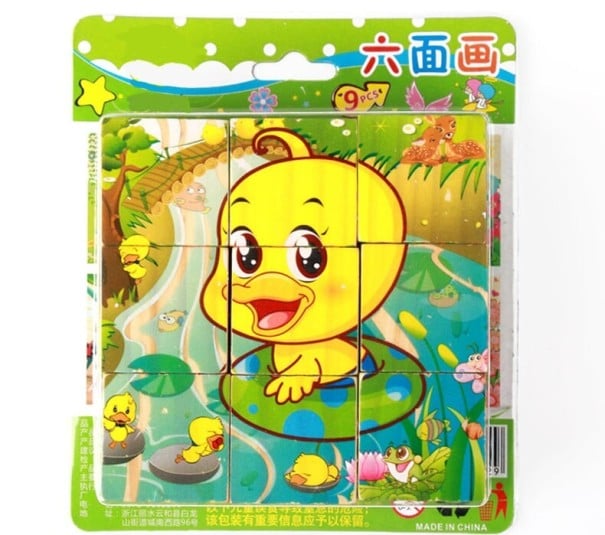 3D Puzzle Tiere Holzbildwürfel 9 Stück Sechs Bilder aus einem Set Märchenmotive für Kinder 12,3 x 12,3 cm 3