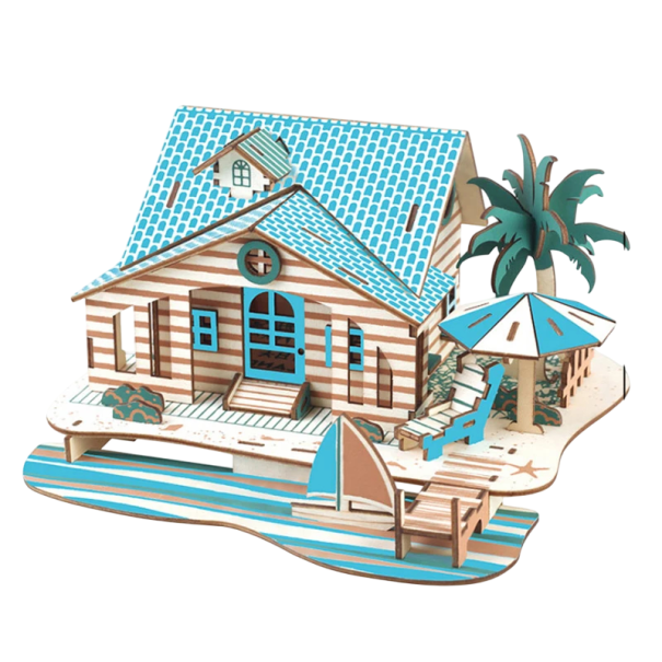3D träpussel Villa på ön Bali 16,8 x 15,6 x 9 cm 86 bitar Laserutskuren modell i trä med tryckt 3D-instruktion Tropisk inredning 1