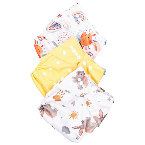 3er-Set Baby-Stoffwindeln mit Tasche 3–15 kg Hasenmuster Regenbogen und gelb PUL-Wasserdichter Druck Innenseite aus Wildleder Ökologische waschbare Windeln 1